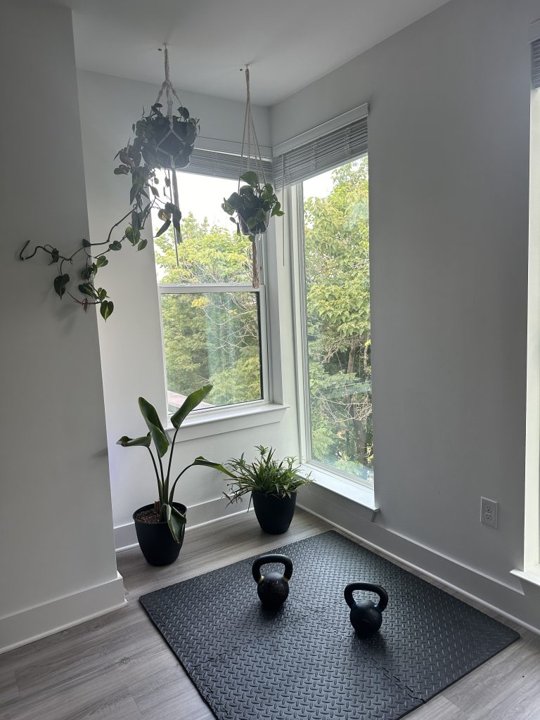 Two hanging houseplants in front of two windows in the corner of a room. Below the hanging plants are a set of two potted plants. In front of the plants is a large black workout mat with two kettlebell weights.